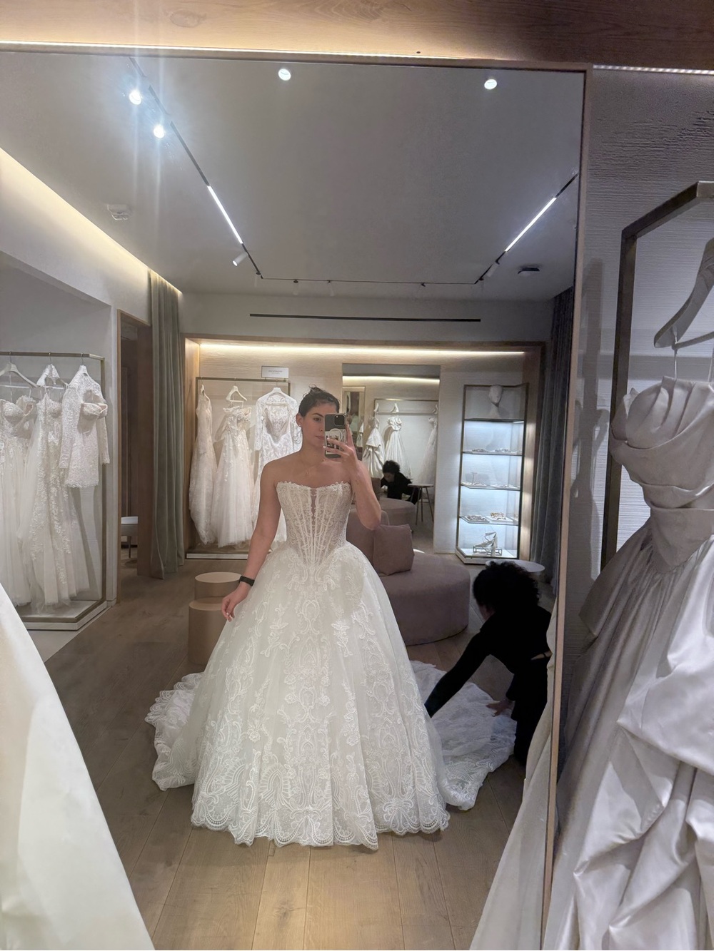 Pronovias White Strapless Lace Ball Gown with Corseted Bodice